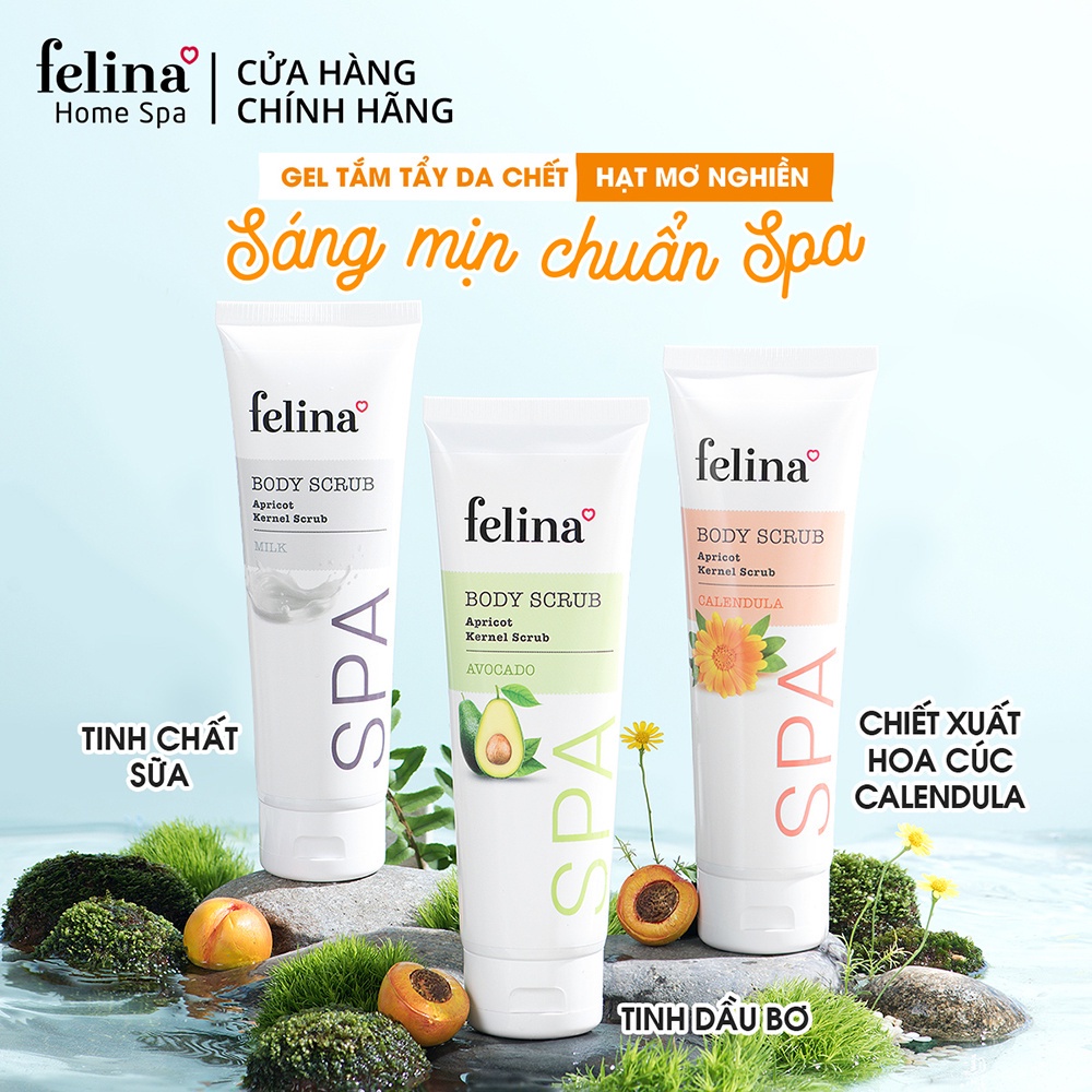 [Mã FRANCIA50 giảm 50% đơn 0] Gel tắm tẩy tế bào chết body Felina Home Spa 300ml từ hạt mơ nghiền cho da nhạy cảm