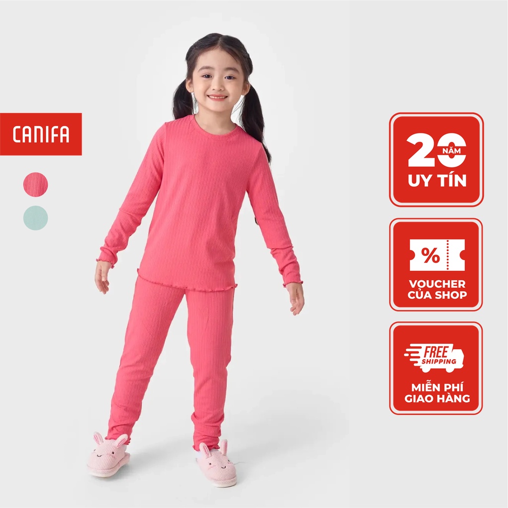 Bộ đồ bé gái CANIFA vải rib co giãn đàn hồi áo dài tay quần dài 1LS23W017
