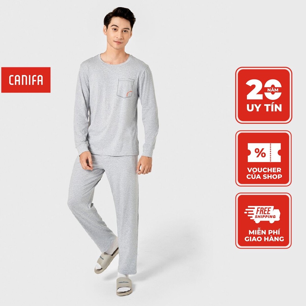 Bộ mặc nhà nam CANIFA chất liệu cotton spandex có túi ốp ngực, áo cố tròn tay dài, quần dài cạp chun 8LS22W005