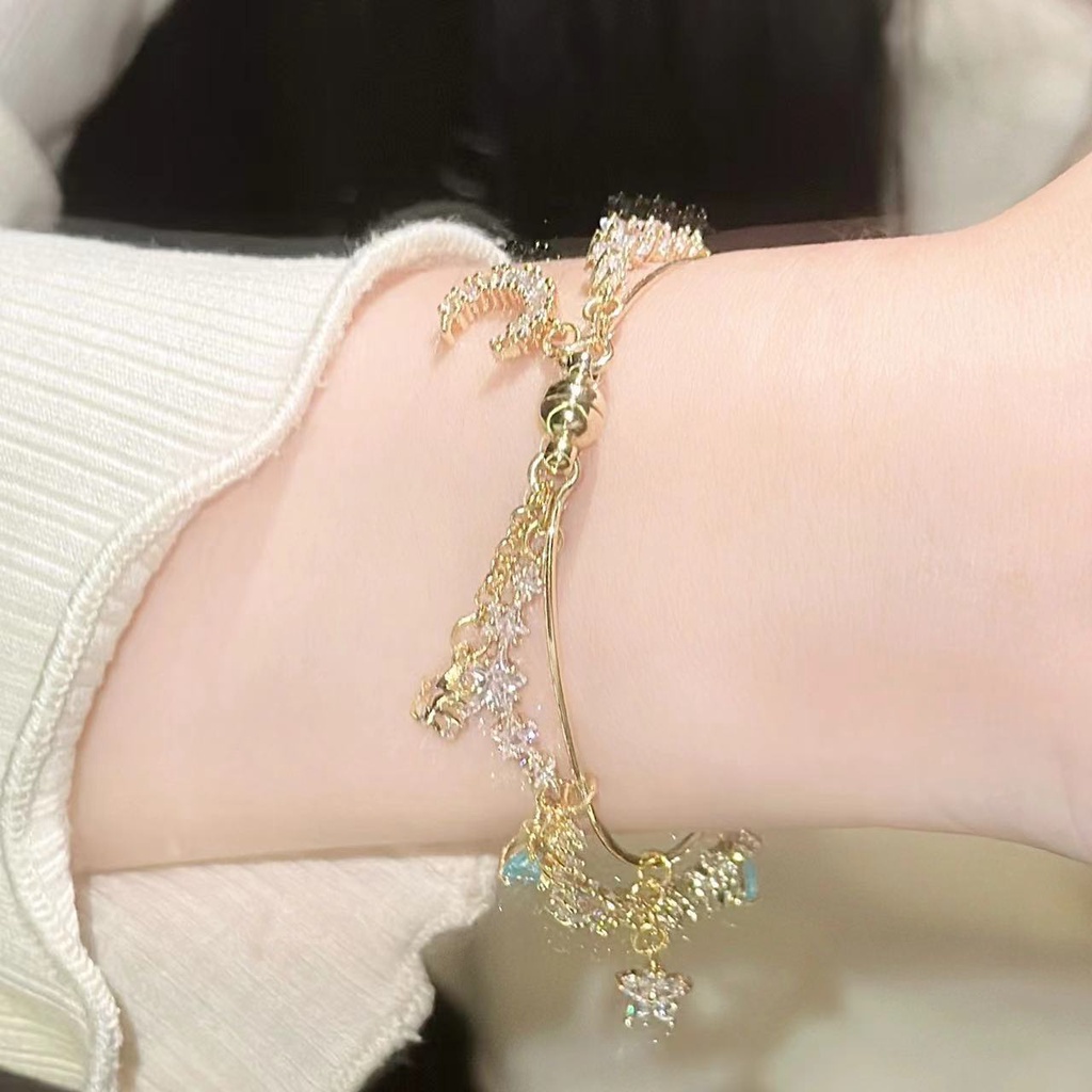 Vòng Đeo Tay Mặt Trăng Và Ngôi Sao Đính Đá zircon Phối Tua Rua Thời Trang Cao Cấp