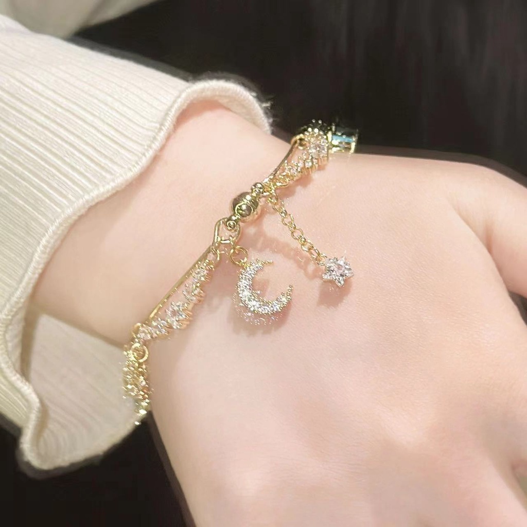 Vòng Đeo Tay Mặt Trăng Và Ngôi Sao Đính Đá zircon Phối Tua Rua Thời Trang Cao Cấp