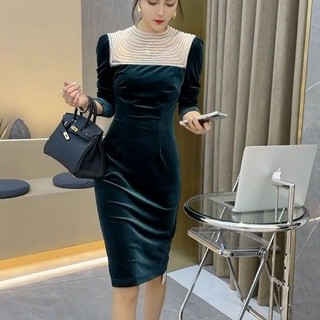 Hàng Có Sẵn Mới Đầm Nhung Ghép Nối Đính Hạt Vàng Thời Trang Thu Đông Phong Cách Châu Âu Mới Cho Nữ