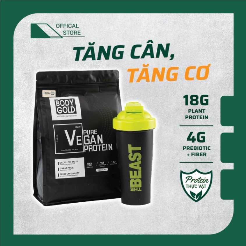 Whey Vegan Protein- Sữa Thực Vật  Tăng cân Tăng cơ Body Gold Túi 1kg + Tăng Bình Lắc 700ml