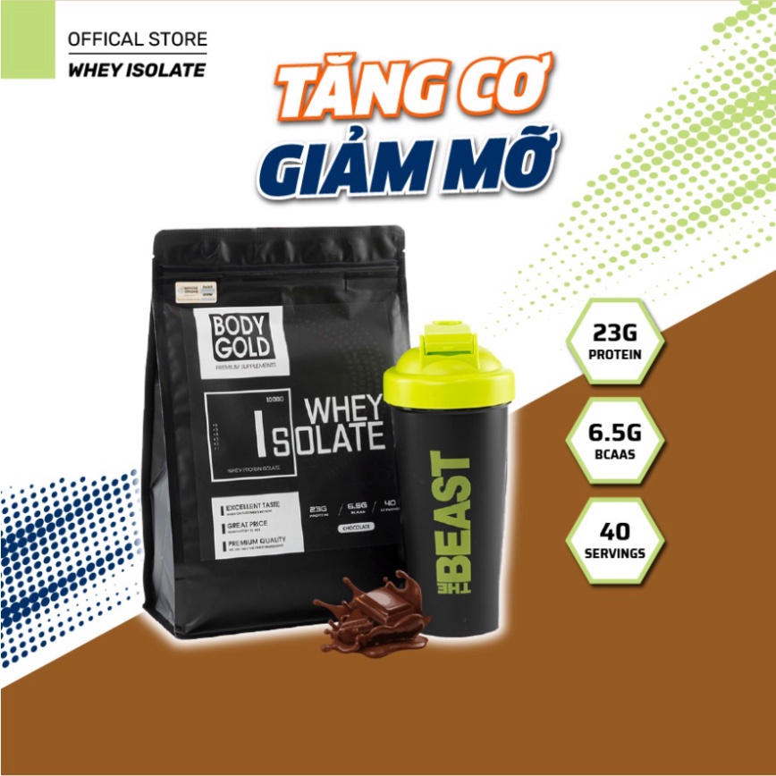 Sữa Tăng Cơ Giảm Mỡ - Whey Protein Isolate BodyGold túi 1kg + Tặng bình