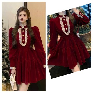 Đầm thời trang nữ kiểu tiểu thư mặc đi noel chất nhung cứng cổ phối bèo voan đính nút kiểu tay dài váy xòe midi