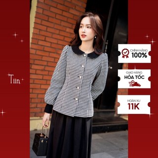 Áo dạ kẻ phối cổ sen đen tay măng sec TIINSTORE ADD042