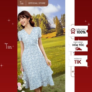 Váy xanh hoa nhí vạt chéo chân xòe TIIN STORE V0T227