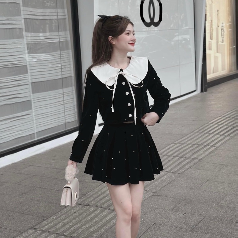 Set Áo Nhung Cổ Sen Kem Tay Dài Đính Đá Cột Nơ Cài Nút Mix Chân Váy Xoè Màu Đen Tiểu Thư