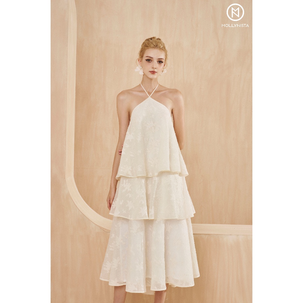 MOLLYNISTA (SALE 53%) Đầm thiết kế von dệt hoa nổi yếm 3 tầng xoè quyến rũ nữ tính cao cấp đi chơi đi tiệc gợi cảm