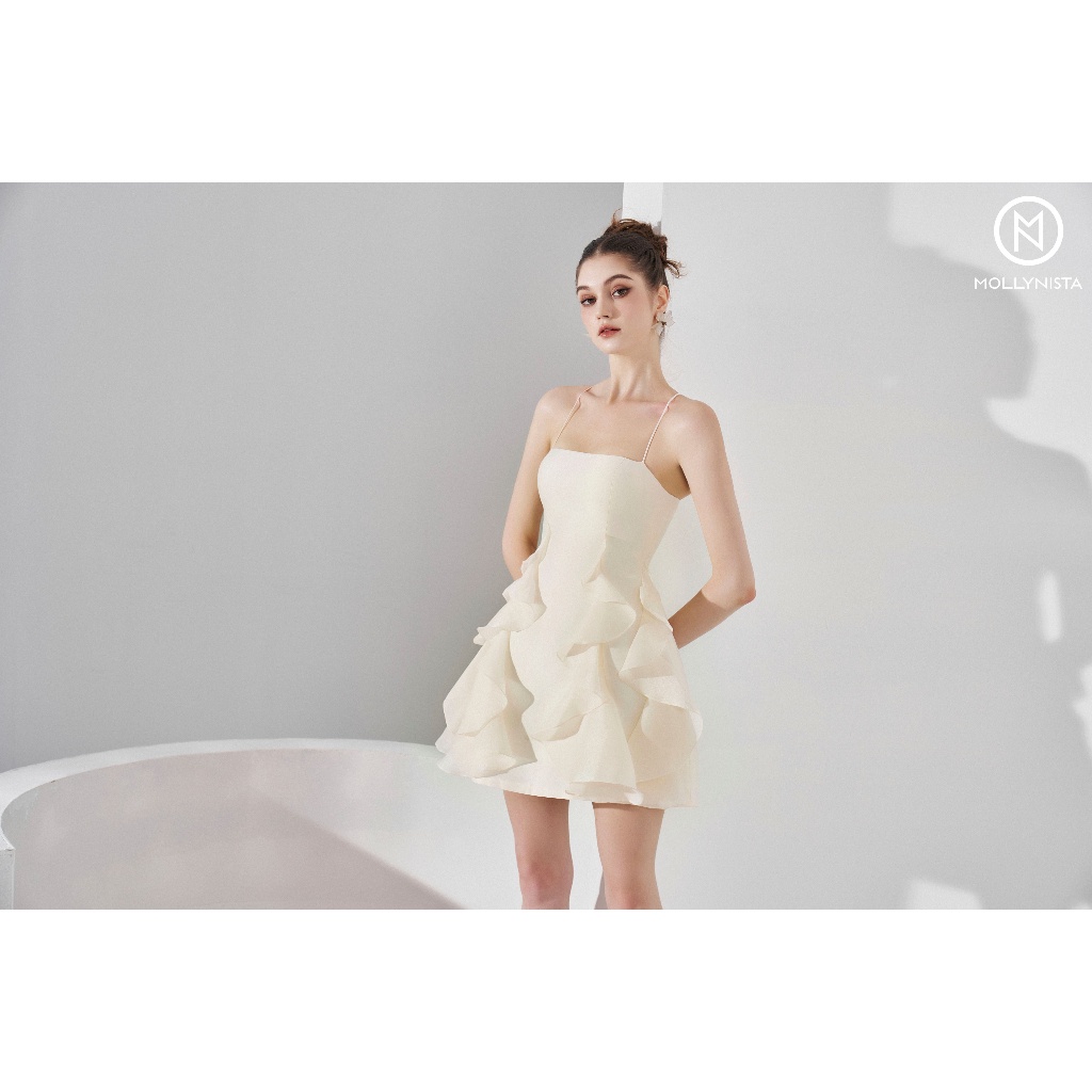 MOLLYNISTA - Đầm taffeta phối bèo tơ nhũ quyến rũ nữ tính thiết kế cao cấp đi chơi đi tiệc