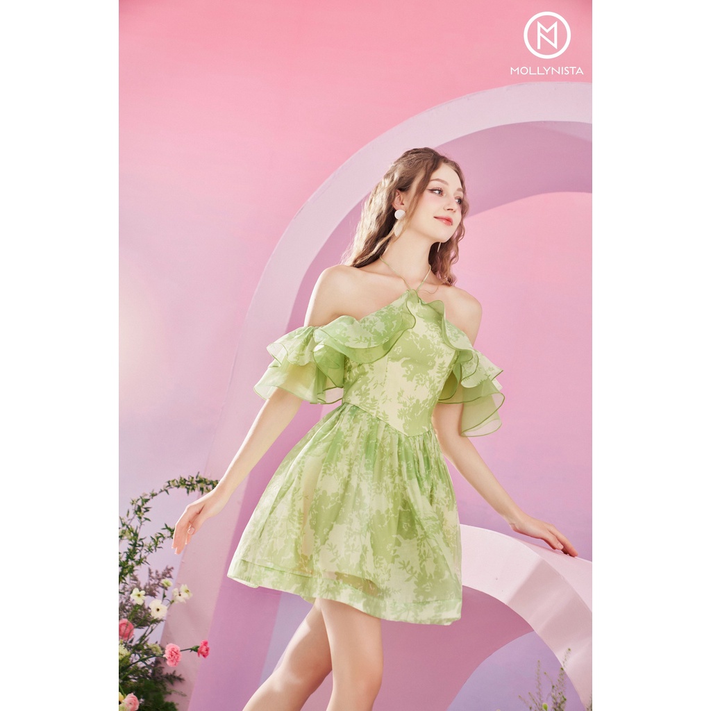 MOLLYNISTA (SALE 53%) Đầm thiết kế organza von tơ in hoa trễ vai bèo thanh lịch nữ tính cao cấp tôn dáng