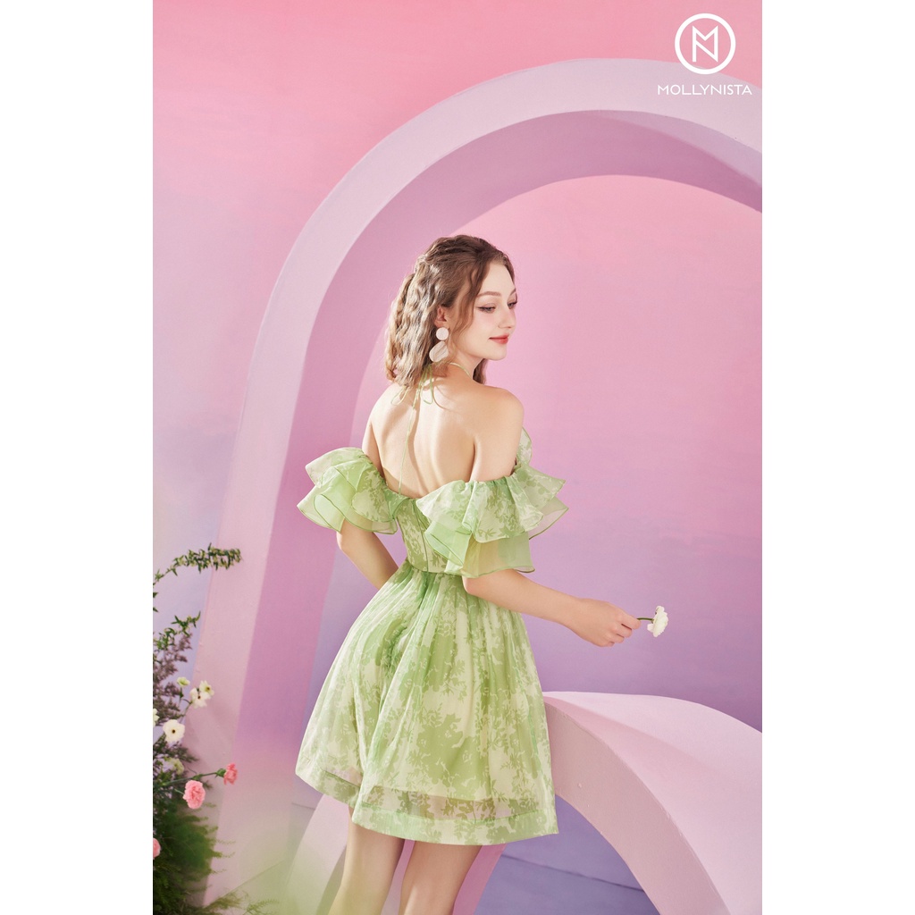 MOLLYNISTA (SALE 53%) Đầm thiết kế organza von tơ in hoa trễ vai bèo thanh lịch nữ tính cao cấp tôn dáng