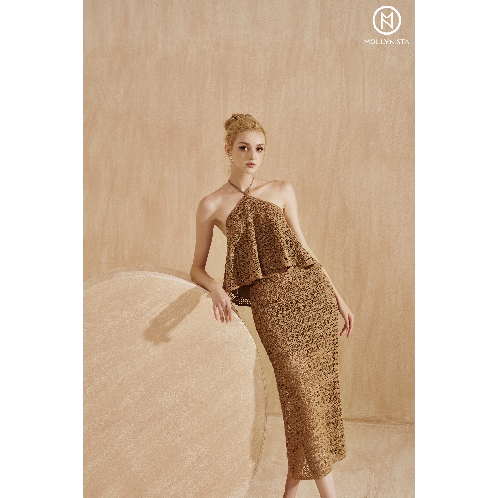 MOLLYNISTA (SALE 35%) Váy thiết kế midi ren thanh lịch nữ tính cao cấp form ôm tôn dáng