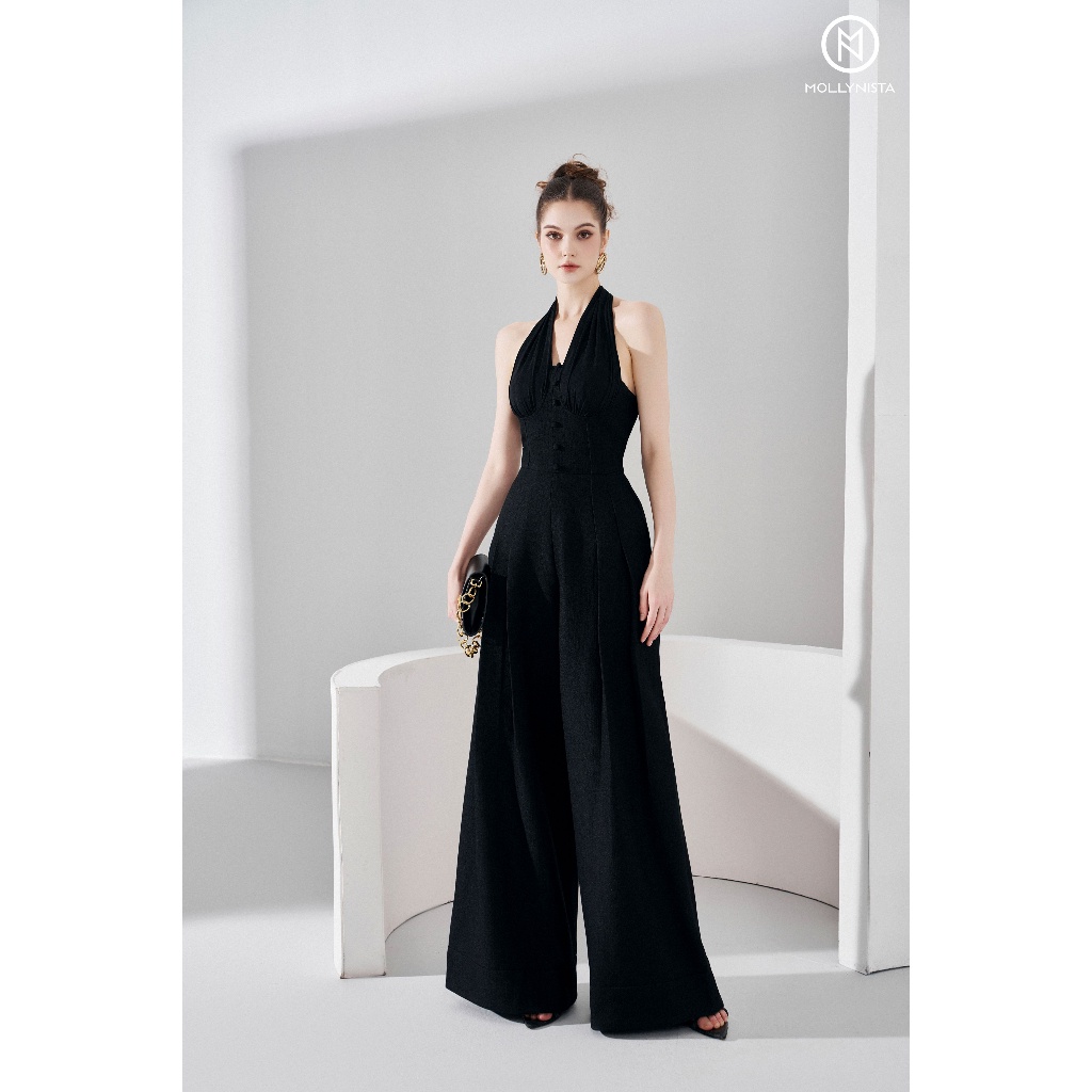 MOLLYNISTA  Jumpsuit thiết kế linen thô phối nhún thanh lịch quyến rũ nữ tính cao cấp form ôm tôn dáng