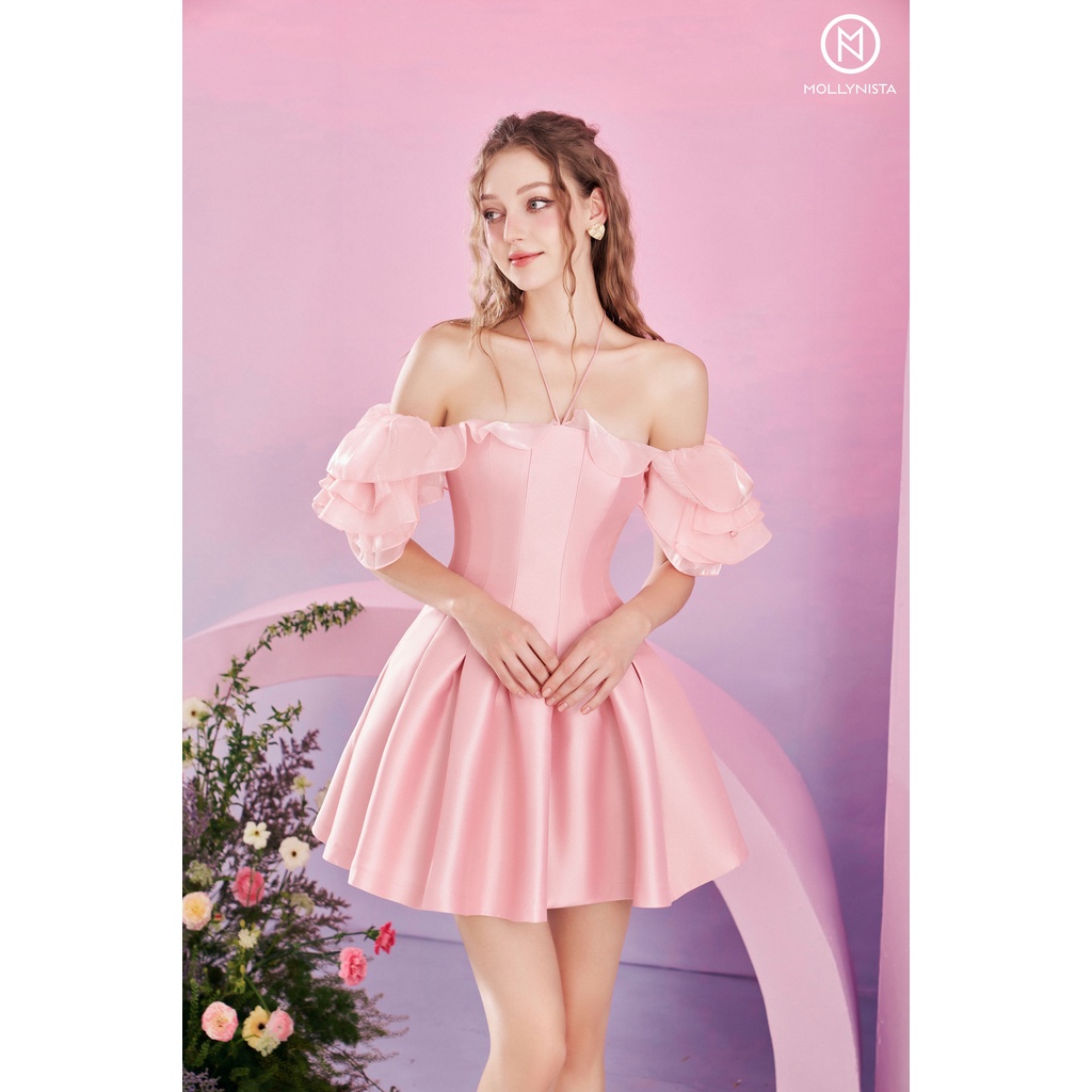 MOLLYNISTA (SALE 53%) - Đầm trễ vai tay xoắn hoa organza von tơ quyến rũ nữ tính thiết kế cao cấp đi chơi đi tiệc