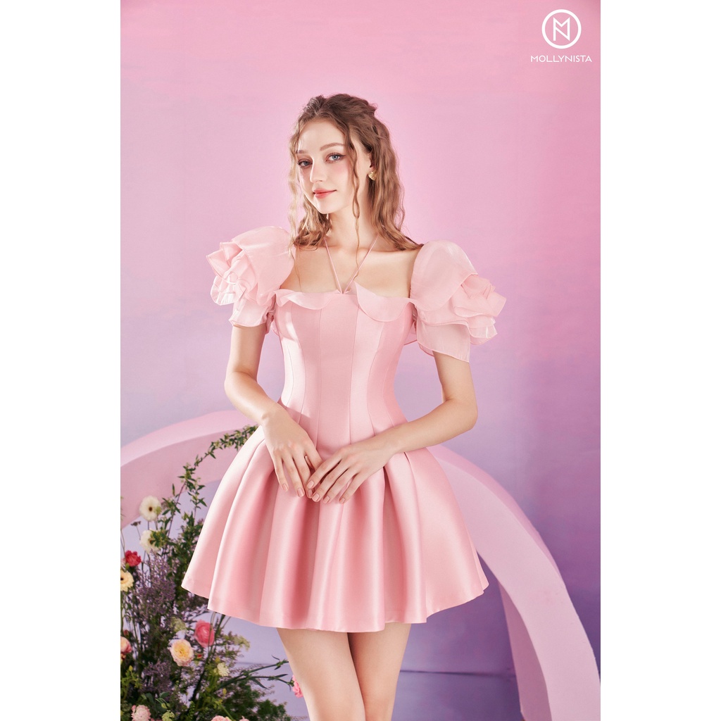 MOLLYNISTA (SALE 53%) - Đầm trễ vai tay xoắn hoa organza von tơ quyến rũ nữ tính thiết kế cao cấp đi chơi đi tiệc