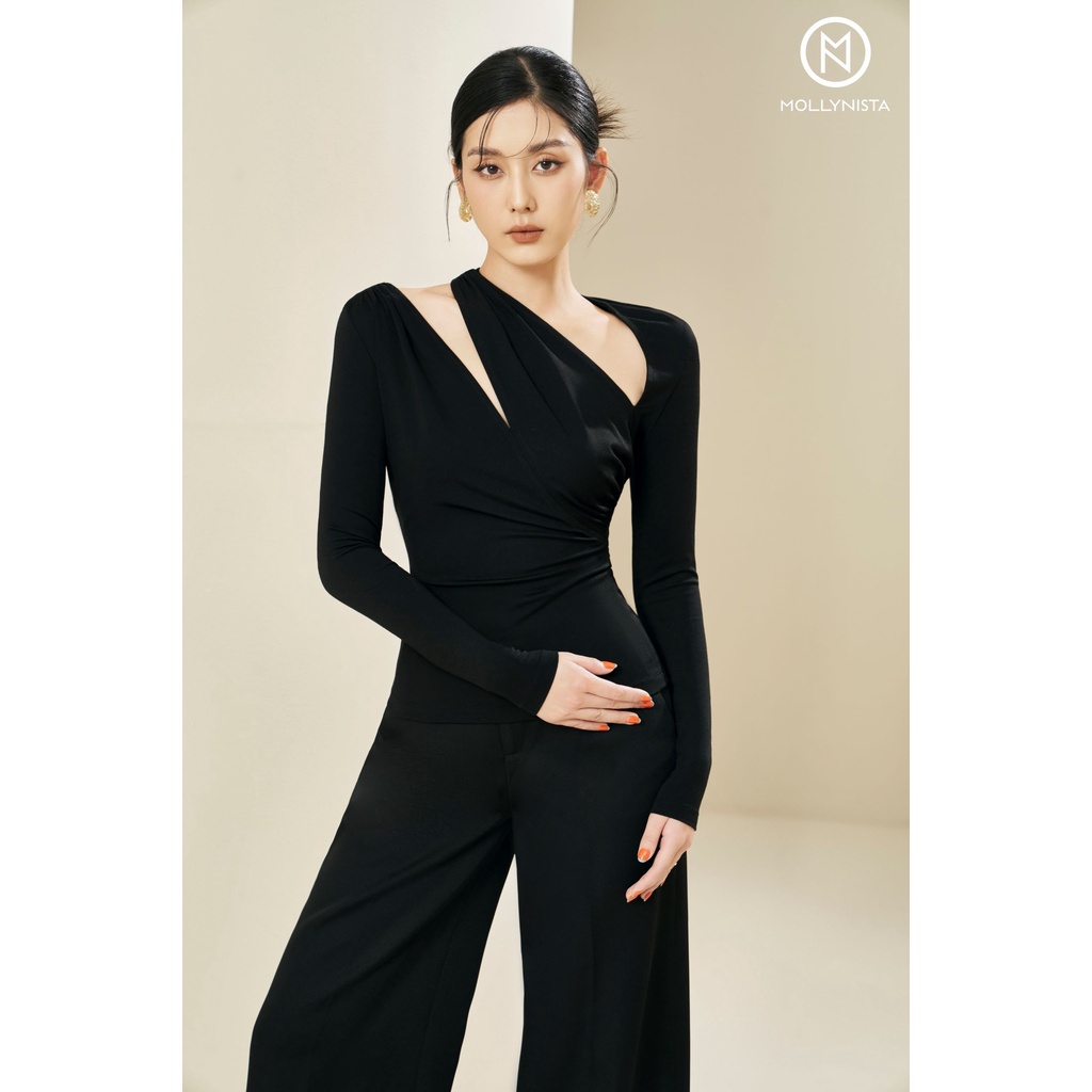 MOLLYNISTA  Áo thiết kế Kira thun cao cấp tay dài khoét chéo cut out thanh lịch quyến rũ nữ tính cao cấp