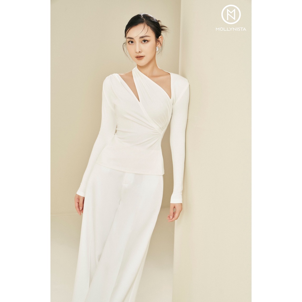 MOLLYNISTA  Áo thiết kế Kira thun cao cấp tay dài khoét chéo cut out thanh lịch quyến rũ nữ tính cao cấp