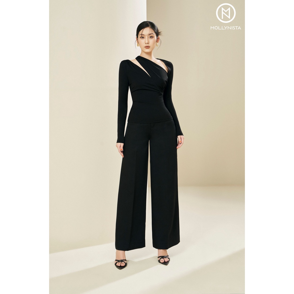 MOLLYNISTA  Áo thiết kế Kira thun cao cấp tay dài khoét chéo cut out thanh lịch quyến rũ nữ tính cao cấp