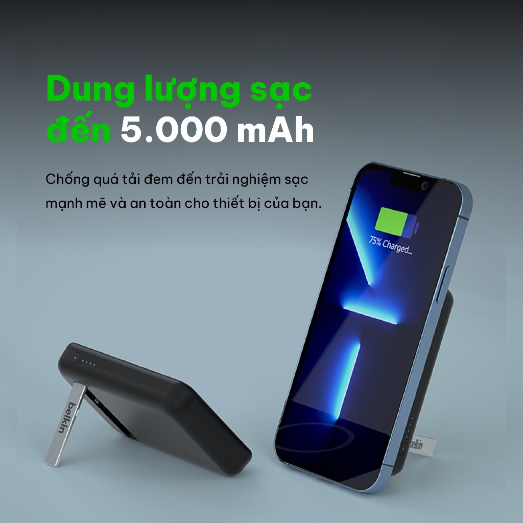 Pin sạc dự phòng không dây Belkin BOOSTCHARGE Magnetic 7.5W 5.000mAh có chân chống, cáp đi kèm C-C 1m - BPD004bt