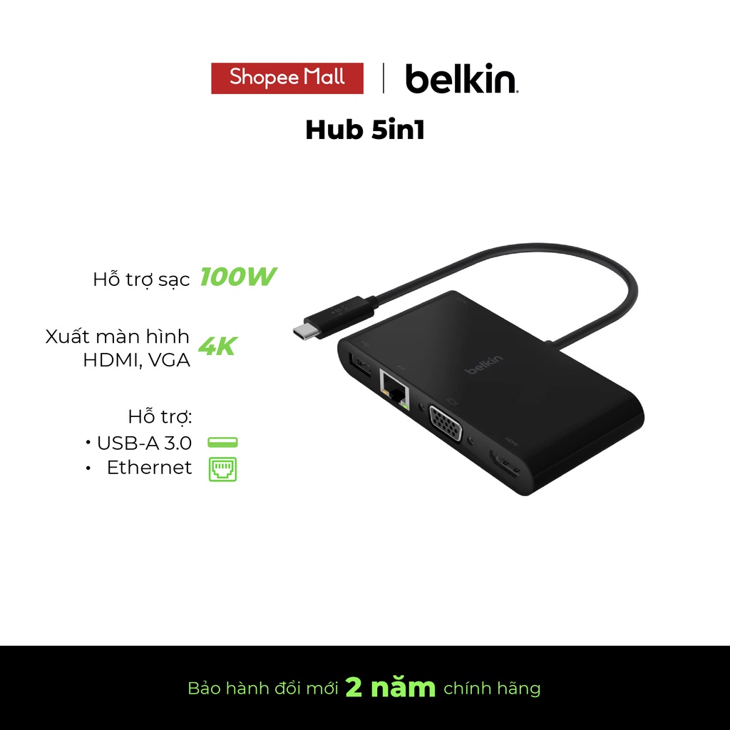 Cáp chuyển đổi Belkin USB Type C Multimedia 5in1 - HDMI 4K 30Hz, VGA 1920x1200 60Hz, ethernet 1000 Mbps, 100W PD