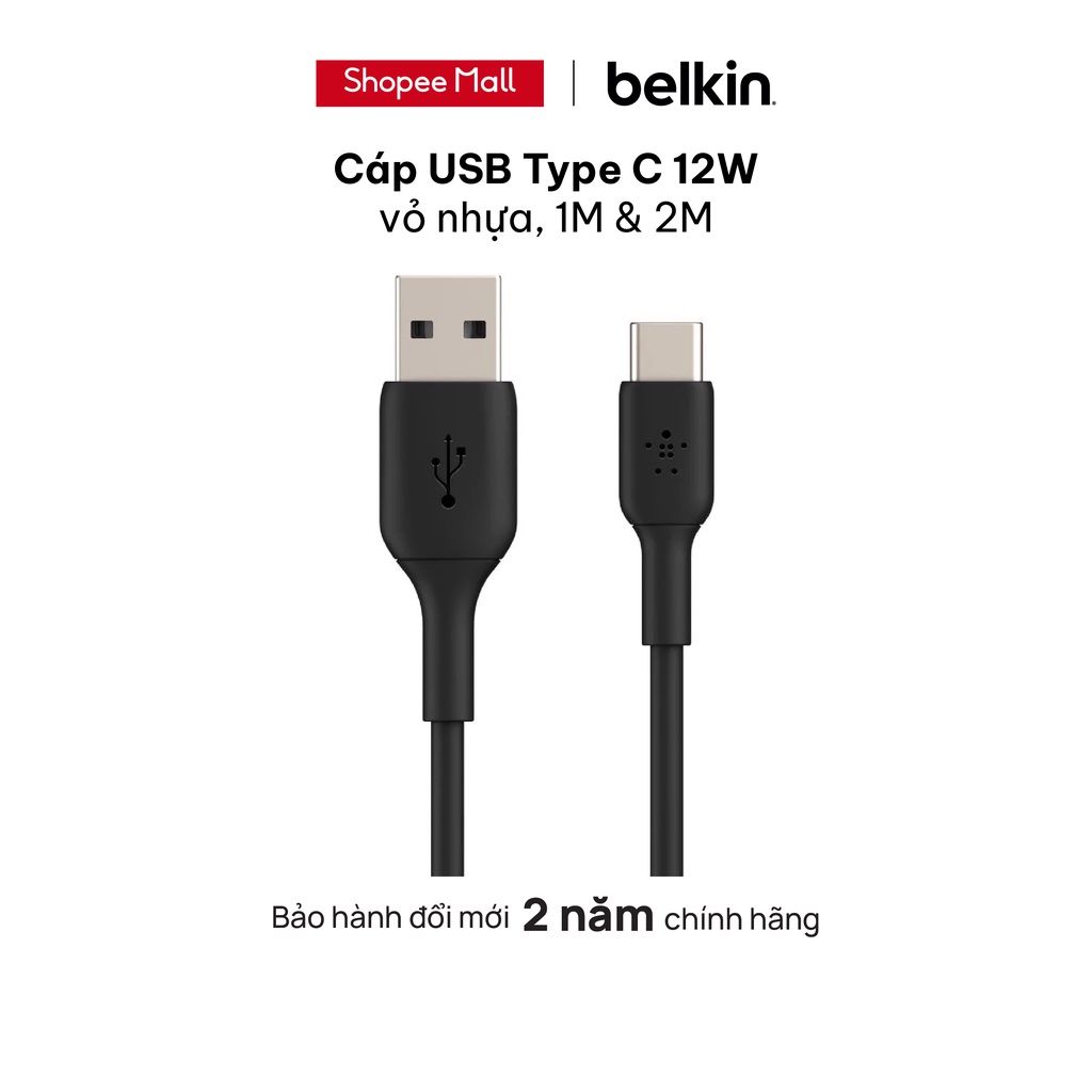 Cáp USB Type C BOOST↑CHARGE™ Belkin 12W vỏ nhựa, chứng chỉ USB-IF, 1m & 2m (tương thích iPhone 15)