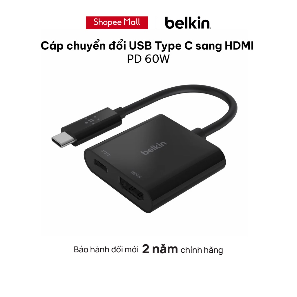 Cáp chuyển đổi Belkin USB Type C sang HDMI 4K 60Hz, sạc lại PD 60W AVC002