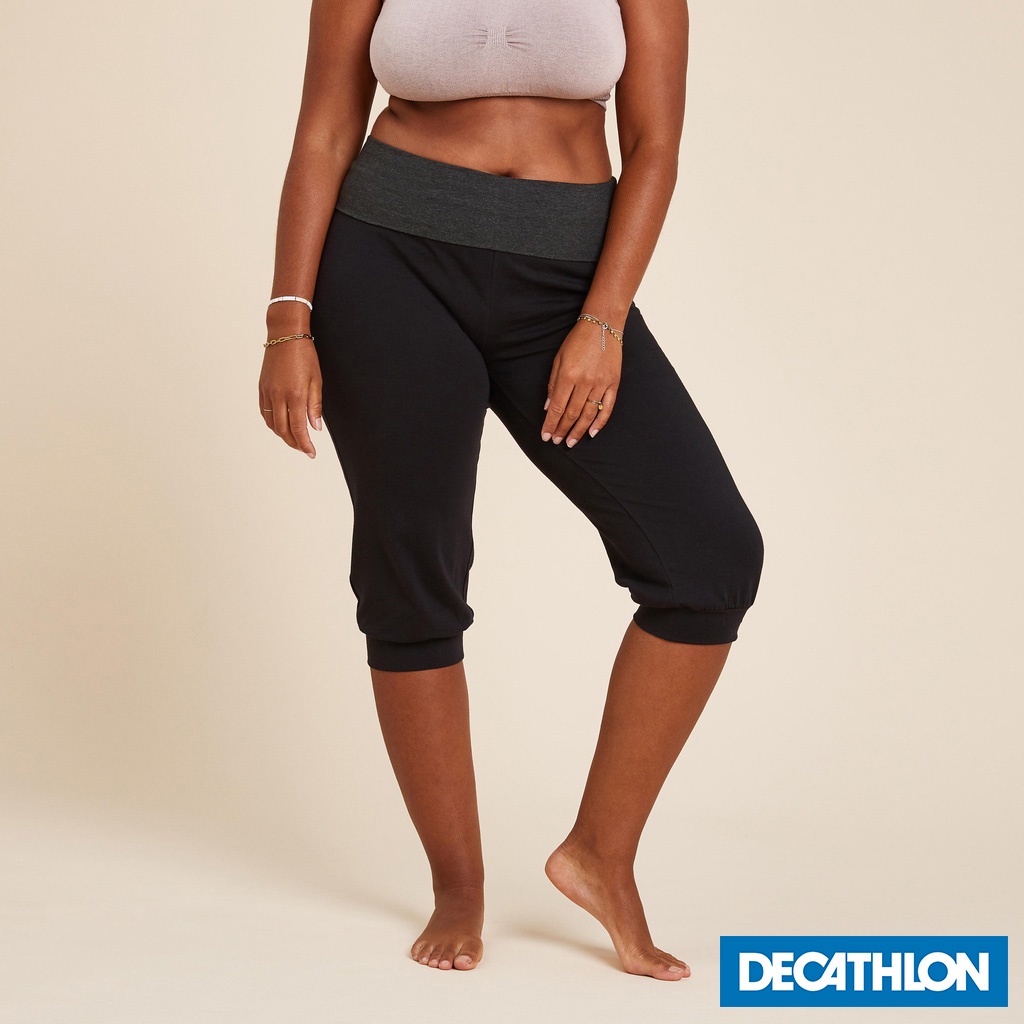 Quần lửng vải cotton hữu cơ tập yoga đơn giản cho nữ Đen/ Xám DECATHLON KIMJALY mã 8574064