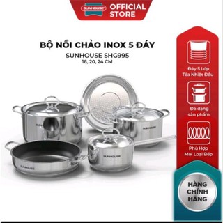 Bộ nồi chảo quánh xửng hấp  INOX 5 ĐÁY SUNHOUSE SHG995 (cao cấp an toàn đa năng dùng được bếp từ)