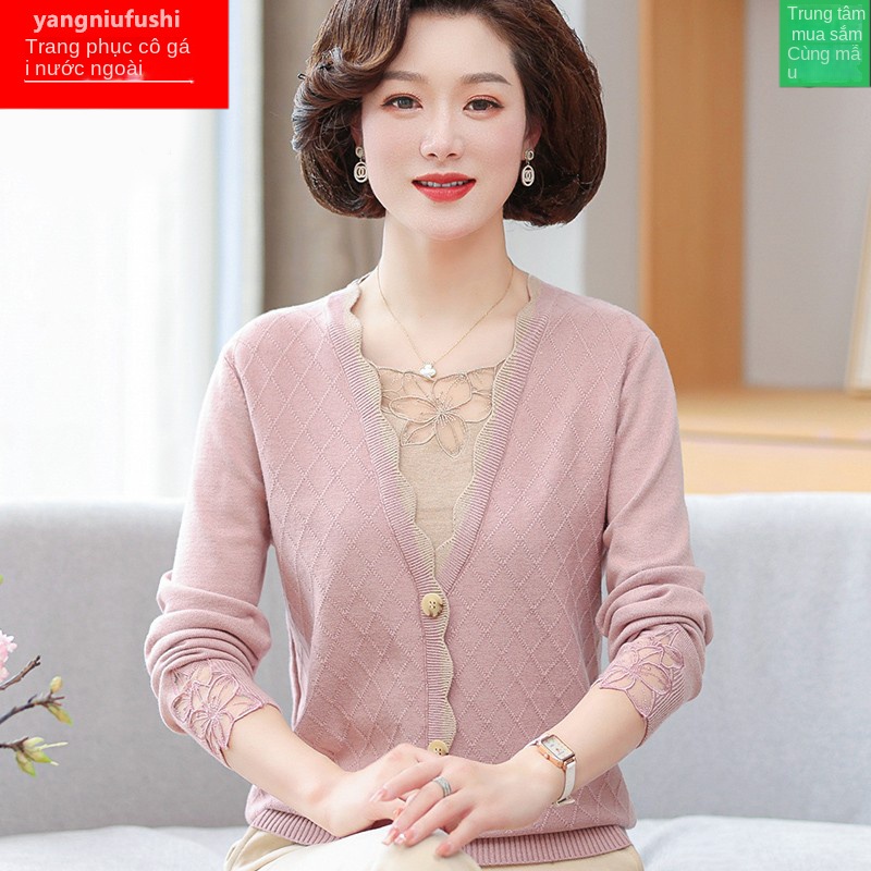 Áo len dệt kim của mẹ áo thun mỏng dành cho phụ nữ trung niên và người lớn tuổi xuân thu thời trang trung niên cao cấp