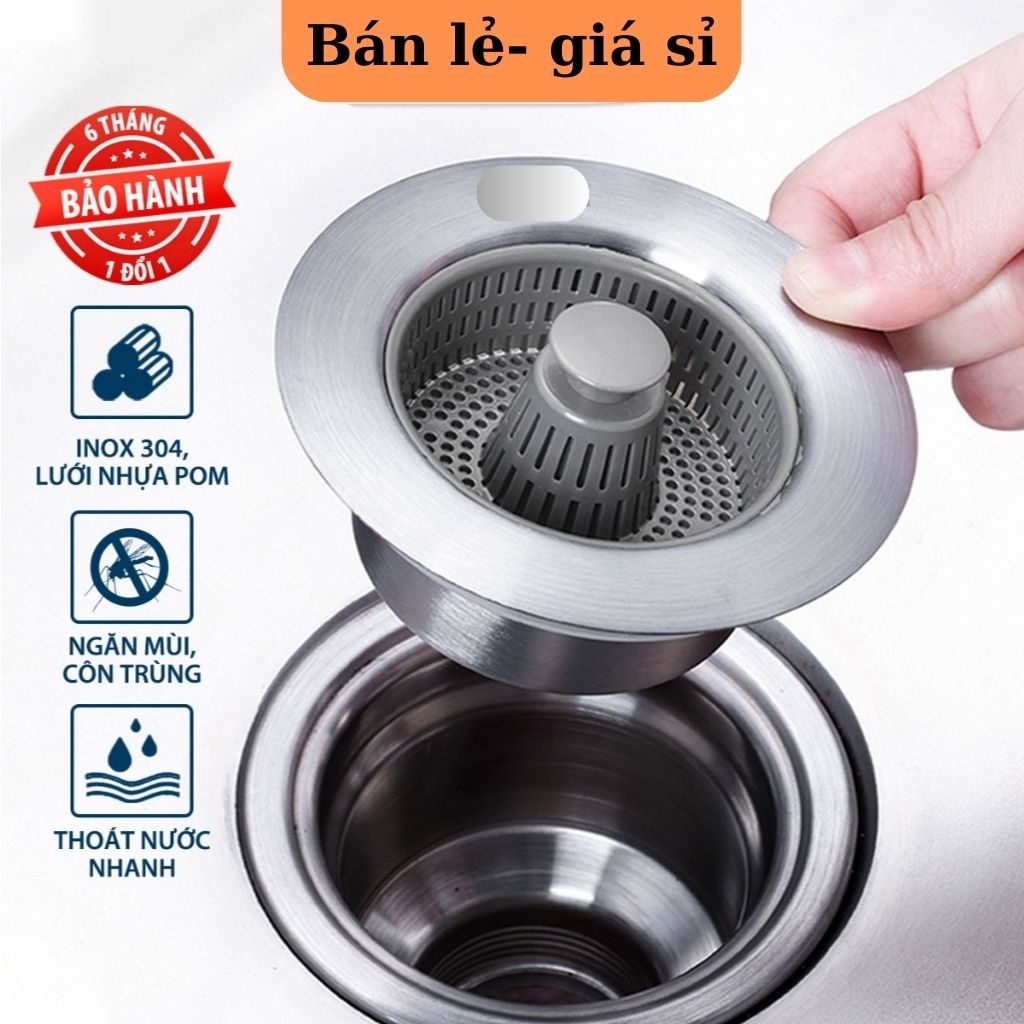 Bộ Lọc Rác Bồn Rửa Inox 304  ( 3 in 1 ) Ngăn Mùi Hôi Côn Trùng , Nút Chặn Thoát Nước , Khay Giỏ LỌC Thức Ăn Thừa