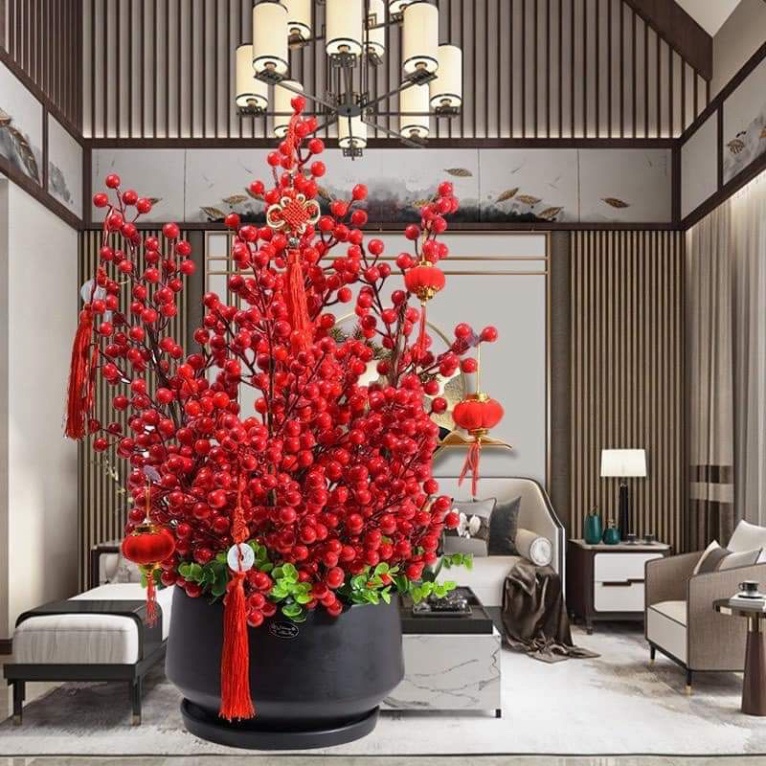 Cành Đào Đông 12 Nhánh 144 Quả Đỏ Cao Cấp Trang Trí Nhà Cửa Văn Phòng Decor Quả đỏ tươi, sáng bóng