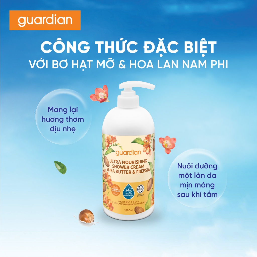 Sữa Tắm Dạng Kem Dưỡng Ẩm Guardian Ultra Nourishing Shea Butter & Freesia Shower Cream Bơ Hạt Mỡ & Hoa Lan Tiên 1000ml