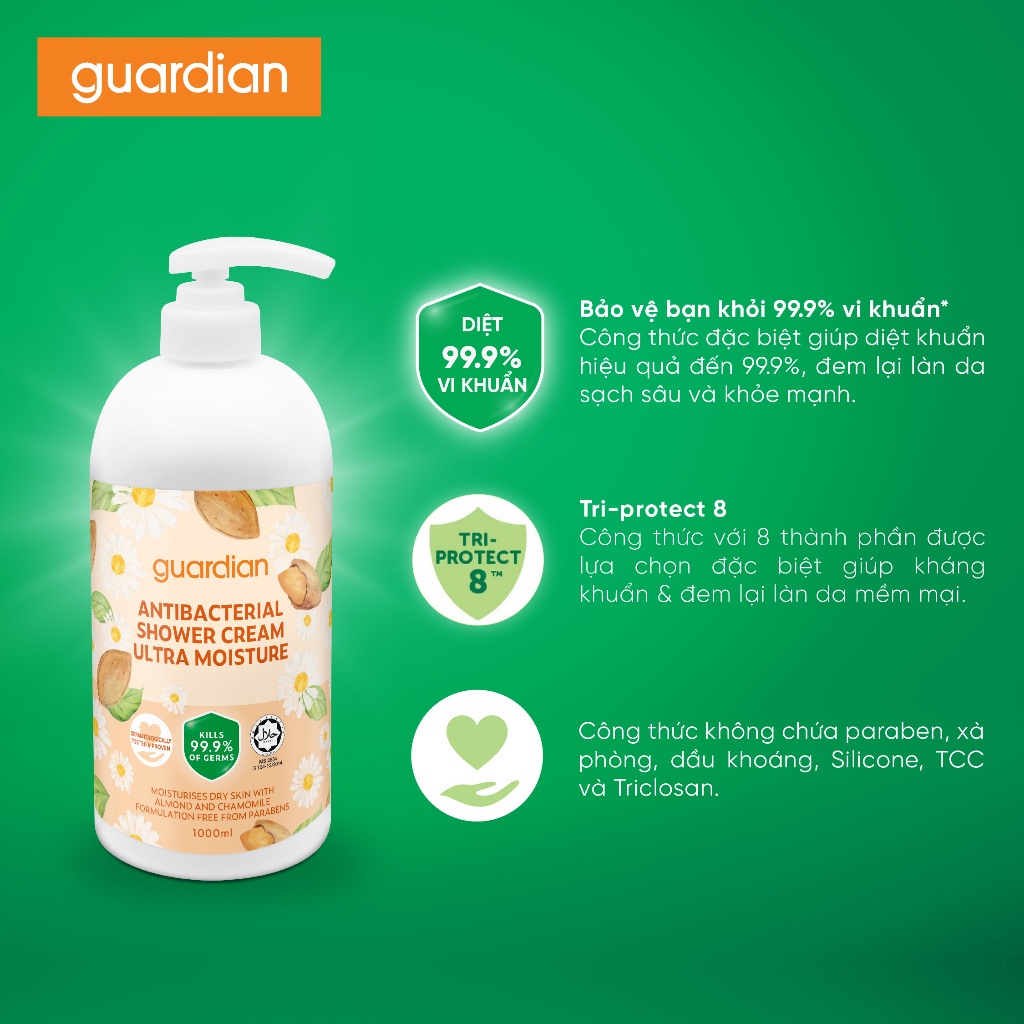 Sữa Tắm Dạng Kem Sạch Khuẩn Guardian Antibacterial Shower Cream Ultra Moisture Dưỡng Ẩm 1000ml