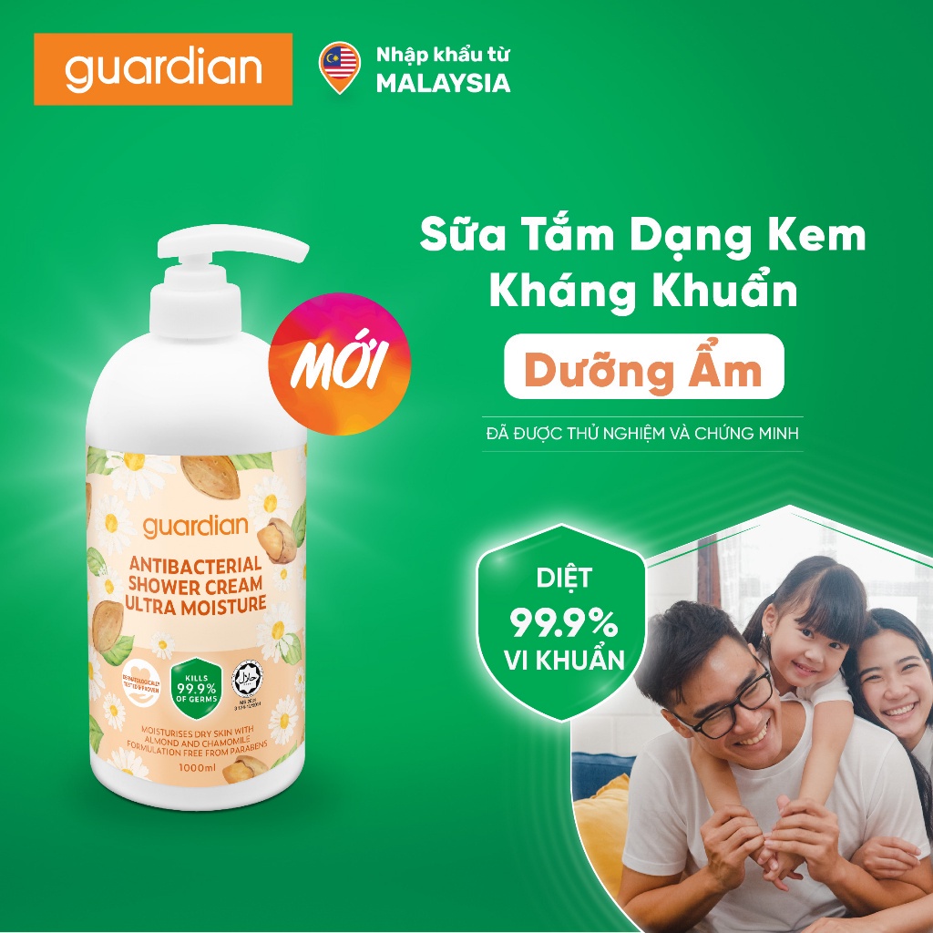 Sữa Tắm Dạng Kem Sạch Khuẩn Guardian Antibacterial Shower Cream Ultra Moisture Dưỡng Ẩm 1000ml