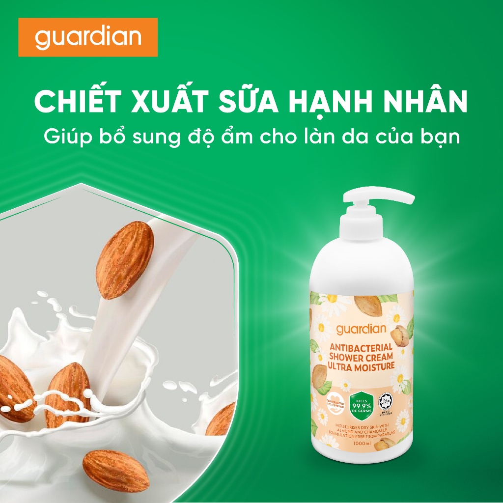 Sữa Tắm Dạng Kem Sạch Khuẩn Guardian Antibacterial Shower Cream Ultra Moisture Dưỡng Ẩm 1000ml