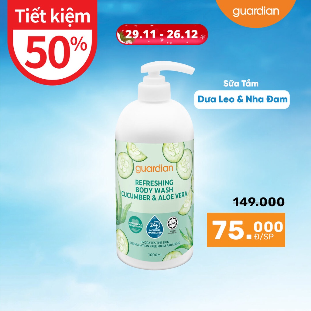 Sữa Tắm Dưỡng Ẩm Tươi Mát Guardian Refreshing Cucumber & Aloe Vera Body Wash Dưa Leo & Nha Đam 1000ml