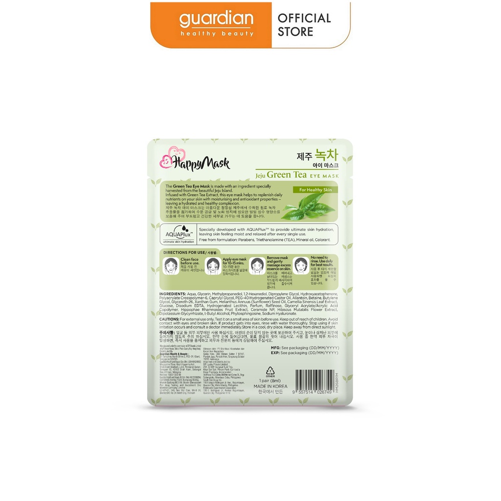 Mặt Nạ Mắt Hỗ Trợ Làm Chậm Quá Trình Oxy Hóa Happy Mask Jeju Green Tea Eye Mask For Healthy Skin Chiết Xuất Trà Xanh 8ml