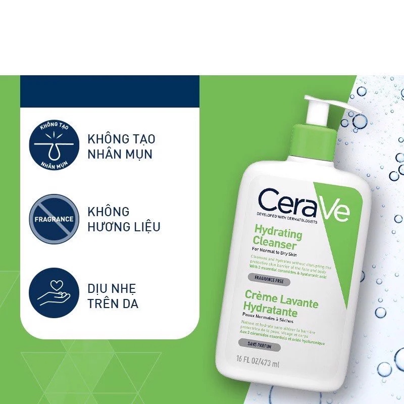 Sữa Rửa Mặt Cerave Hydrating Cleanser Dưỡng Ẩm Làm Sạch Sâu Dành Cho Da Thường & Da Khô 473ml