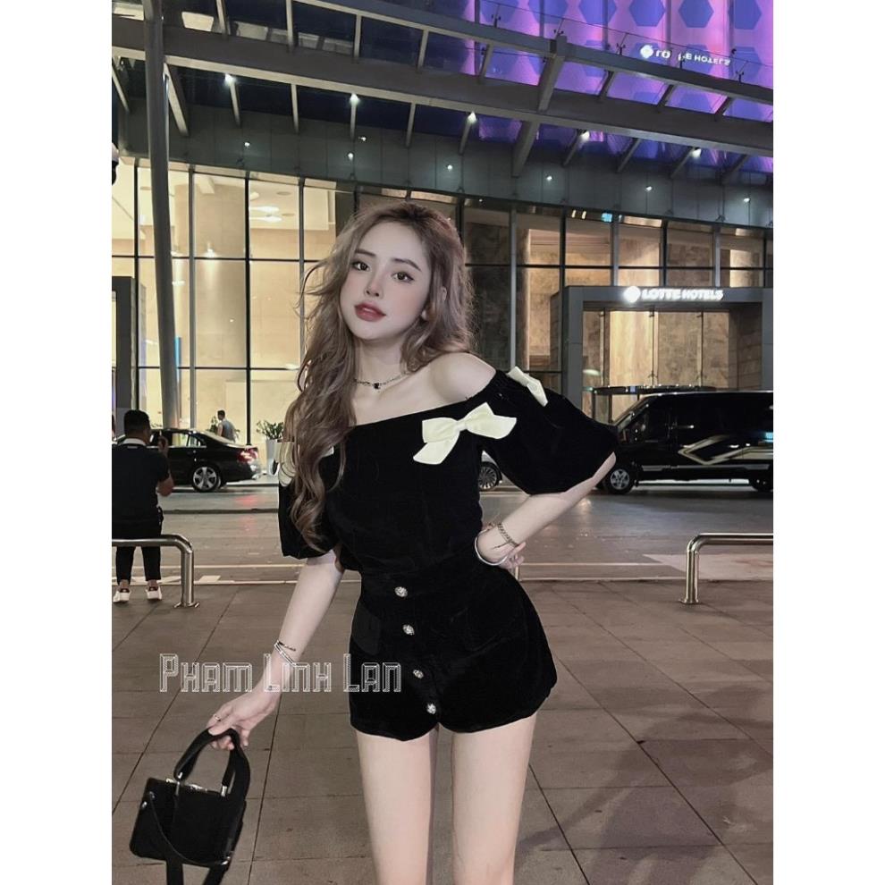 Set Bộ Đồ Nữ Nhung Cứng QC Áo Trễ Vai Tay Bồng Đính Nơ Nổi Mix Chân Váy Cúc Dọc Có Quần Trong Freesize