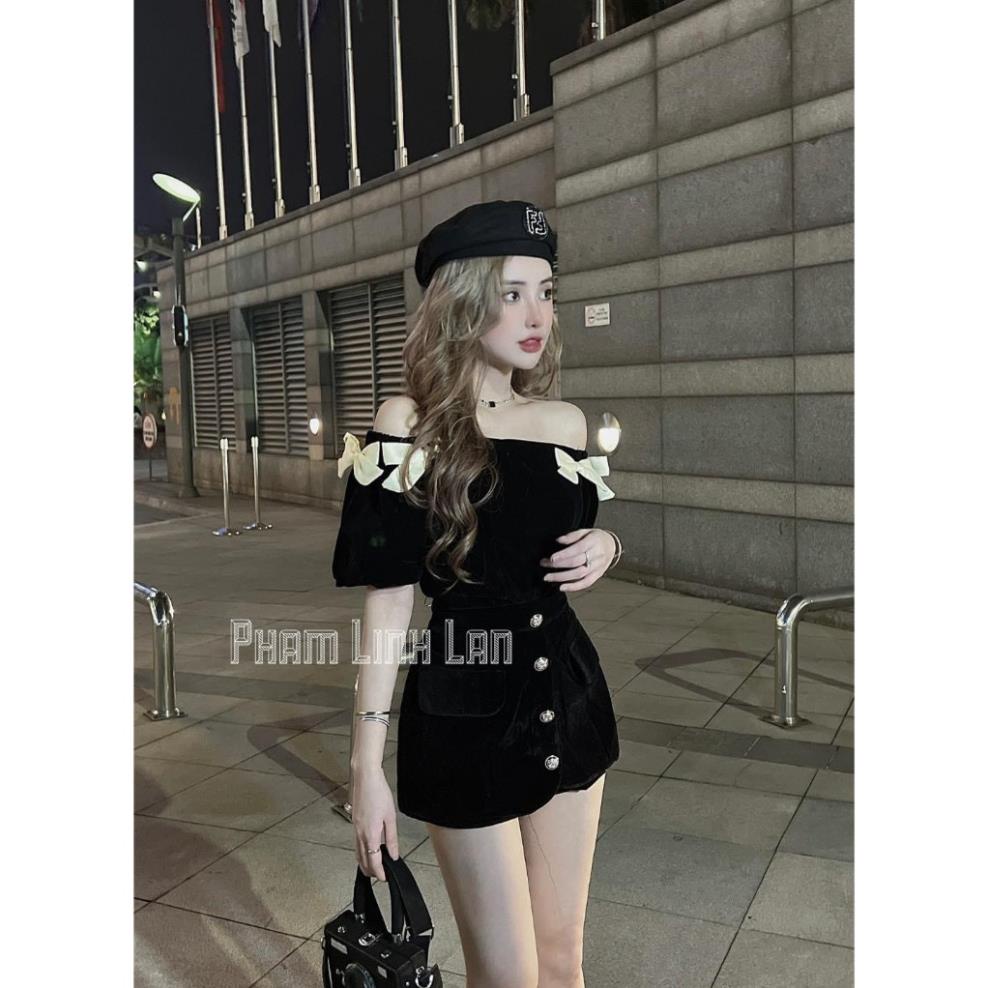 Set Bộ Đồ Nữ Nhung Cứng QC Áo Trễ Vai Tay Bồng Đính Nơ Nổi Mix Chân Váy Cúc Dọc Có Quần Trong Freesize