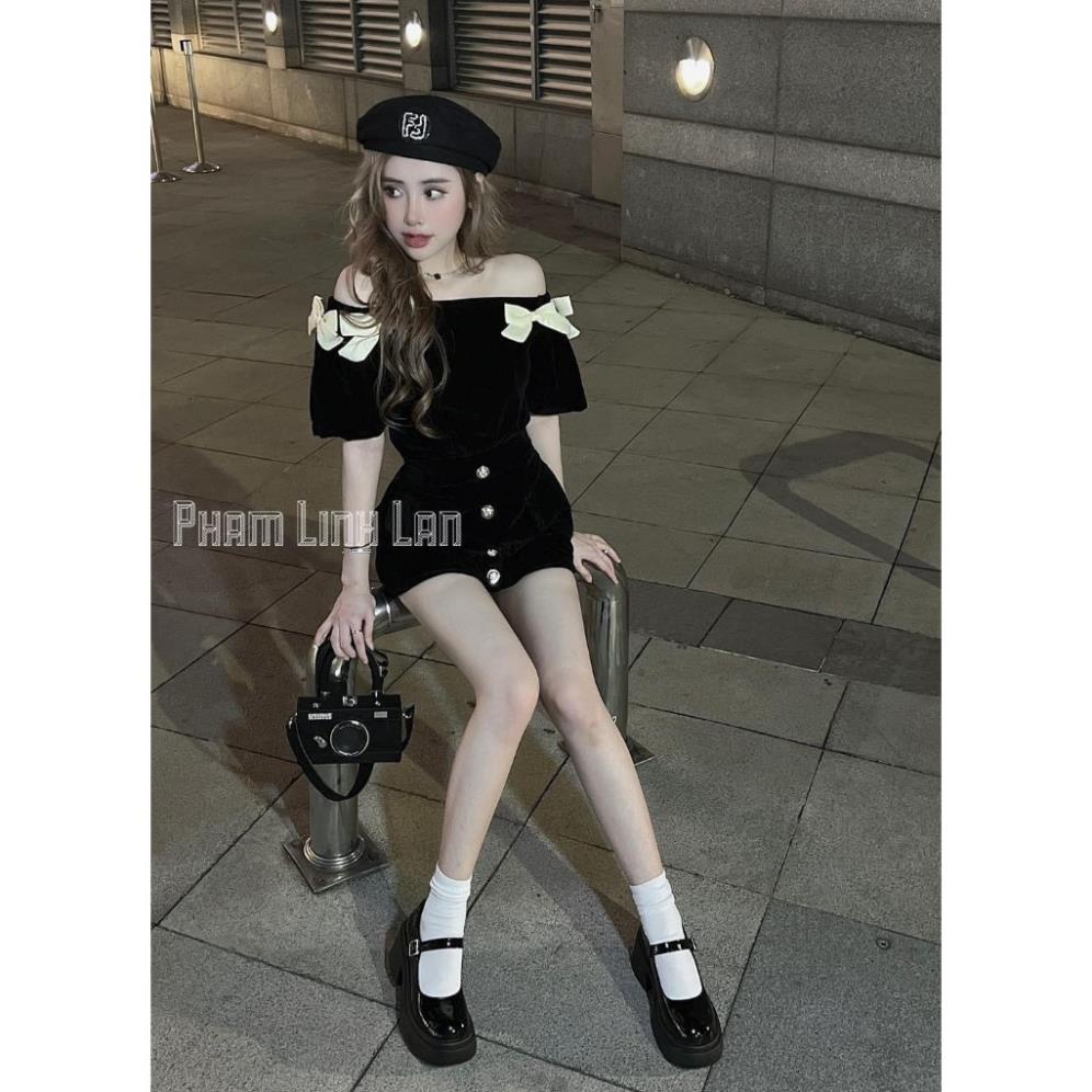 Set Bộ Đồ Nữ Nhung Cứng QC Áo Trễ Vai Tay Bồng Đính Nơ Nổi Mix Chân Váy Cúc Dọc Có Quần Trong Freesize