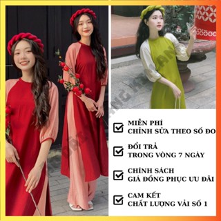  Áo dài cách tân nữ dáng suông tay phối lụa màu đỏ và xanh kèm mấn đội đầu dự tiệc cưới hỏi may sẵn 