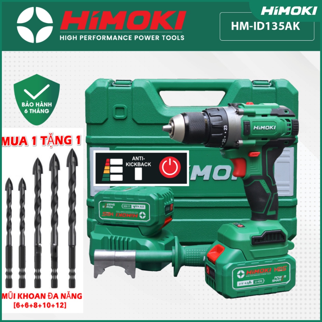 🌺FREESHIP🌺 Máy Khoan Pin HIMOKI HM-ID135AK Không Chổi Than siêu khỏe - Có Bật Tắt Anti-Kick Back - Lực Siết 135NM