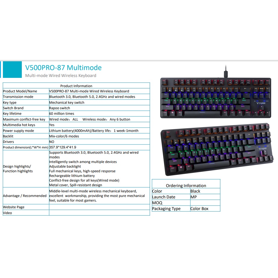 Bàn Phím Cơ Không Dây RapBàn Phím Cơ Không Dây Rapoo V500 Pro-87 Multi Mode RGB Không Dây 24.GHz - Bluetooth 5.0 Có Dây