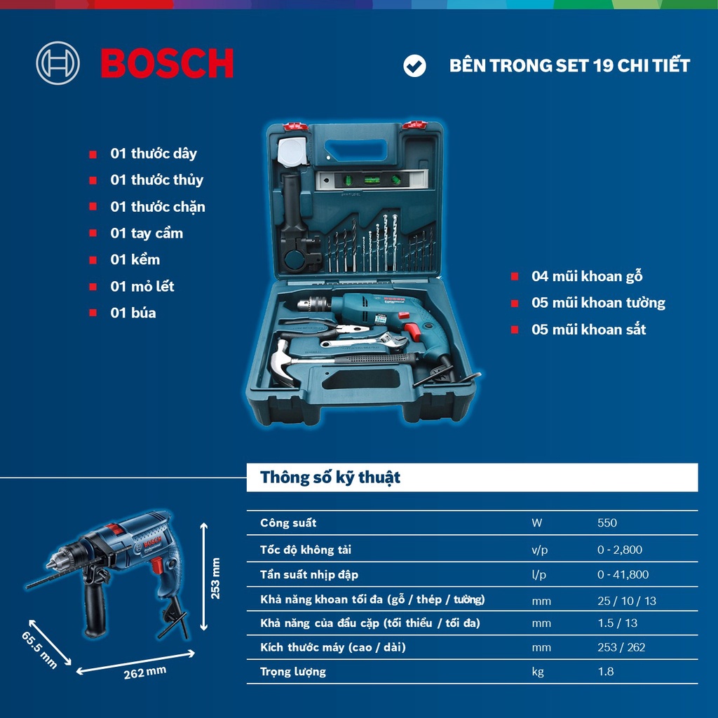 Bộ máy khoan động lực Bosch GSB 550 MP SET 19 chi tiết