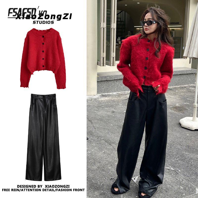 Bộ Áo sweater Đỏ + Quần Da Dáng Rộng Phong Cách Hàn Quốc Thời Trang Mùa Thu Cho Nữ