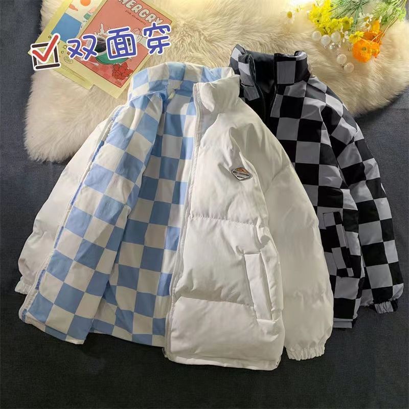 Áo khoác phao unisex 2 mặt đều mặc được, bên ngoài trơn basic bên trong hoạ tiết bàn cờ