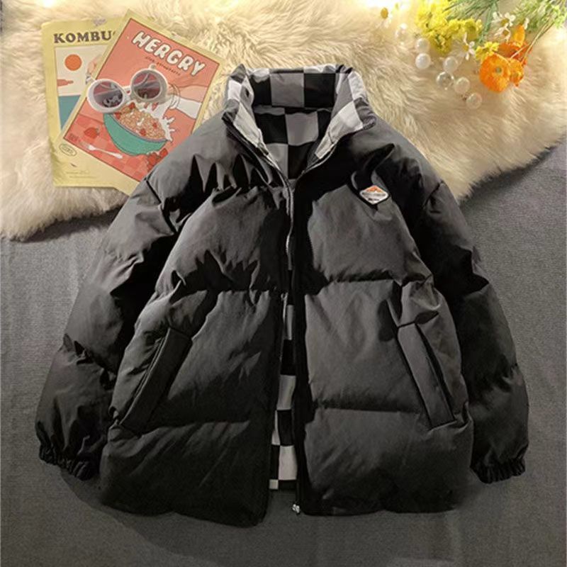 Áo khoác phao unisex 2 mặt đều mặc được, bên ngoài trơn basic bên trong hoạ tiết bàn cờ