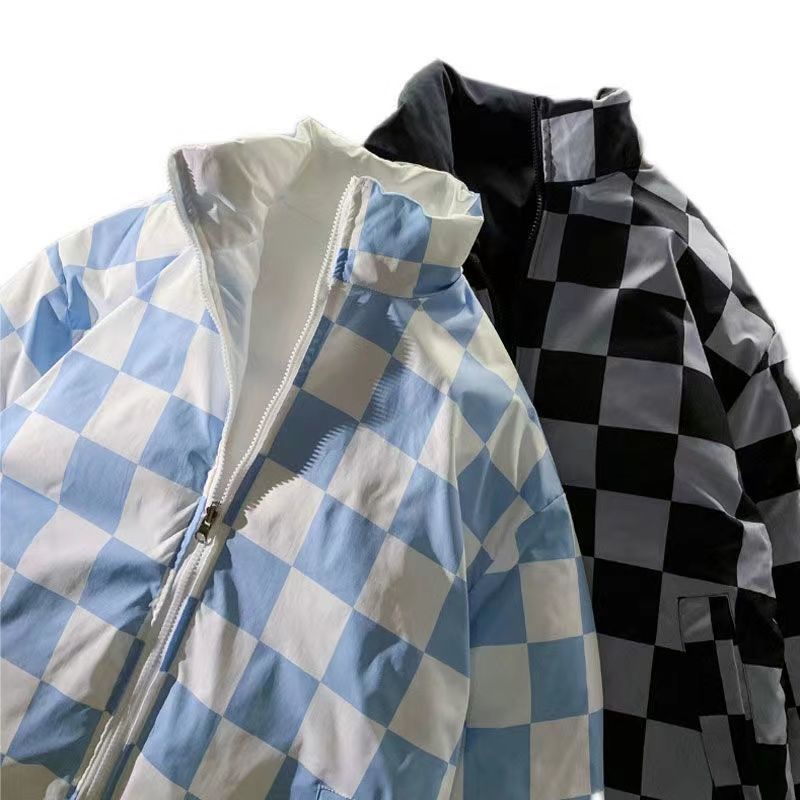 Áo khoác phao unisex 2 mặt đều mặc được, bên ngoài trơn basic bên trong hoạ tiết bàn cờ